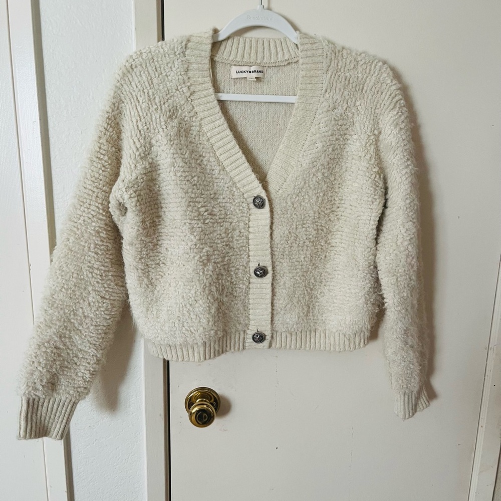 Lucky Brand Cream Textured V-Neck Button-Up Cardigan